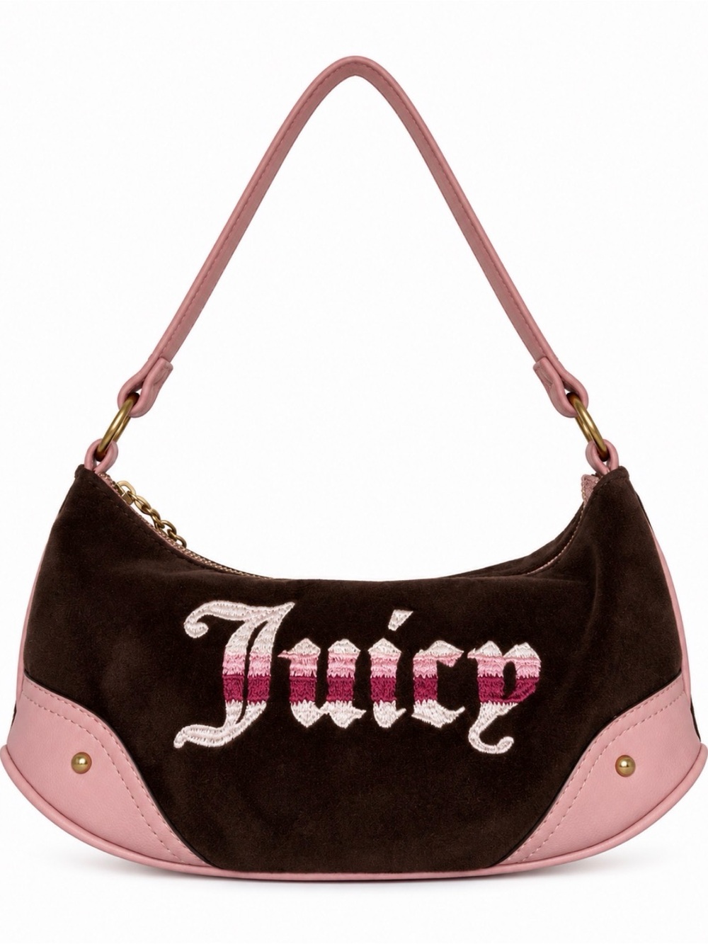 Juicy Couture Brown Velvet Shoulder Bag with Pink Trim